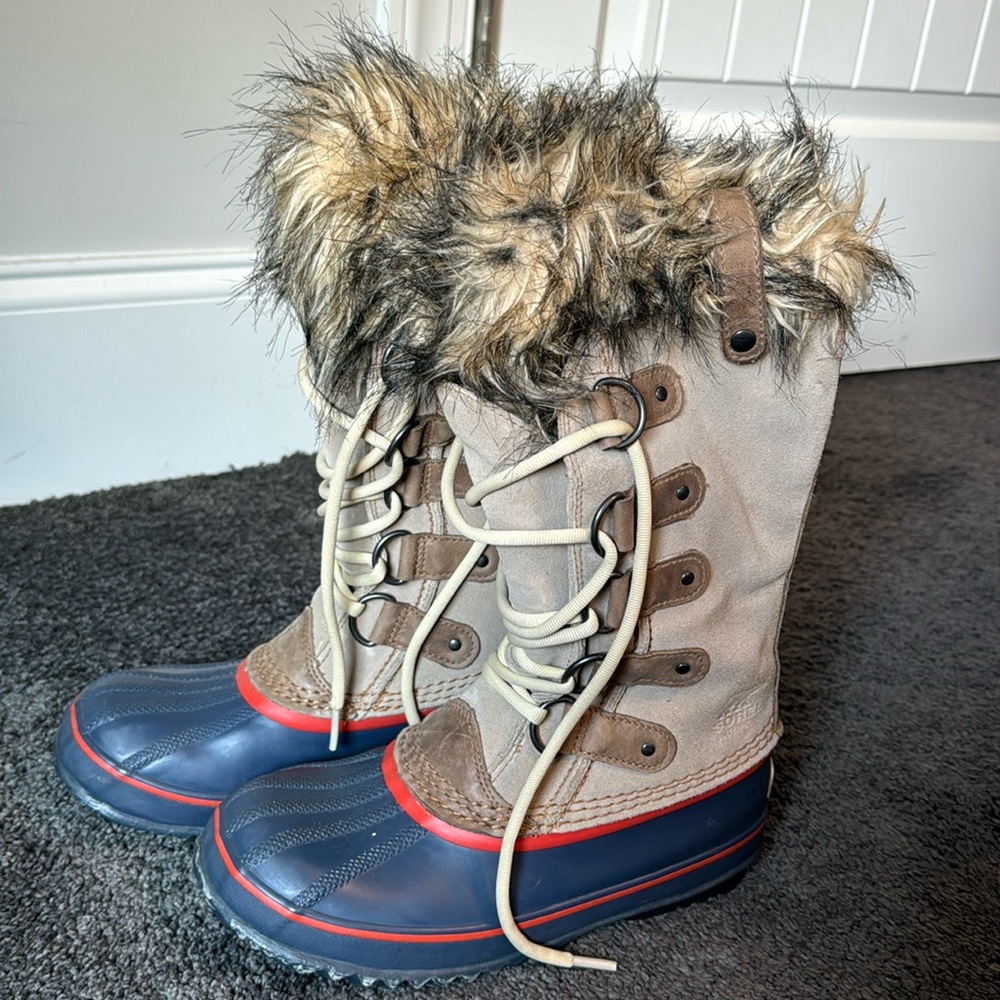 Sorel Joan of Arctic Brown Leather Winter Boots Lace Up Mid Calf Womens 7